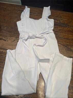Ruffle-Trim White Tie-Waist Jumpsuit